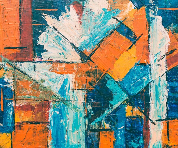 Colorful abstract painting featuring bold brushstrokes and vivid acrylic colors.